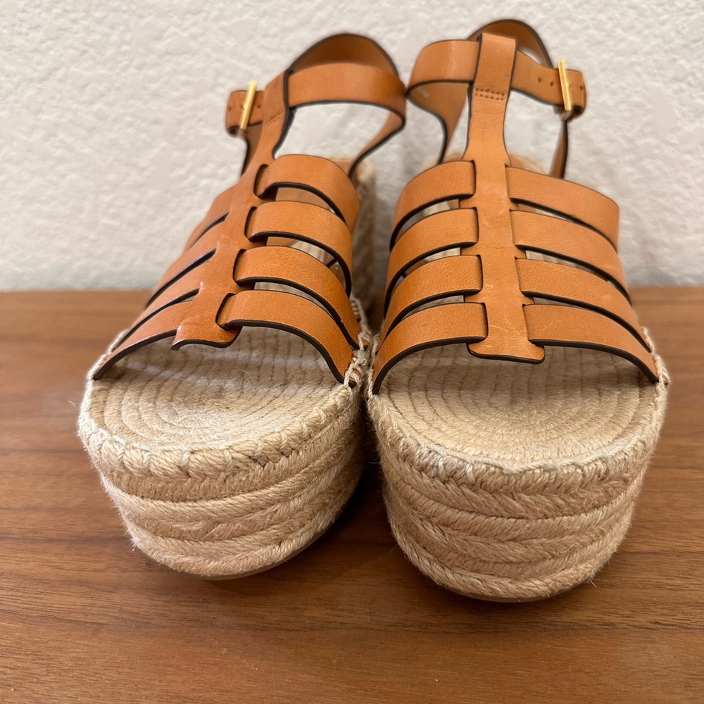 Tory Burch Tan Leather Espadrille Wedge Sandals Platform Gladiator 9.5 - Picture 2 of 8